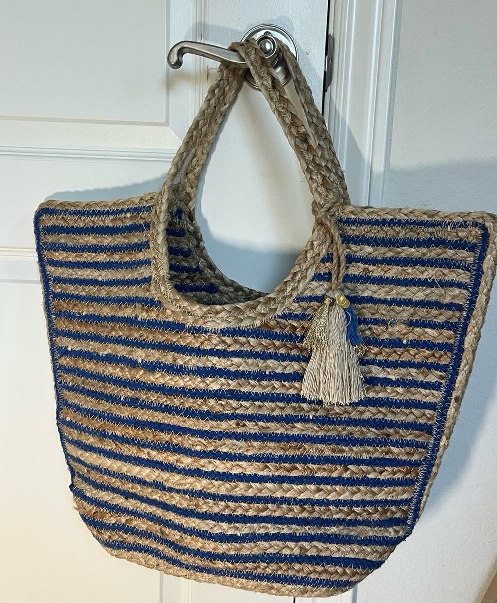 ANABAGLISH Blue Striped Jute Tote Bag with Tassel Bohemian Large